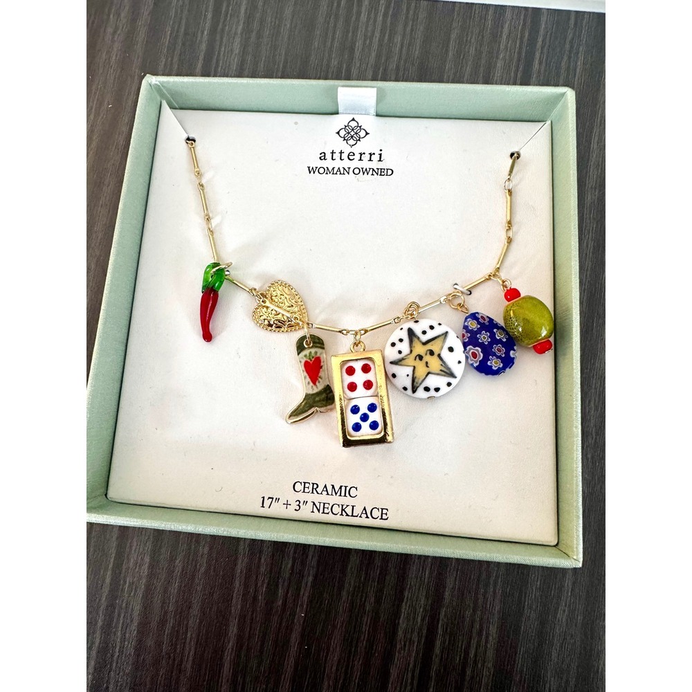 Charm necklace SouthWestern Vegas Rodeo Boho Gold tone 17" heart olive boot dice